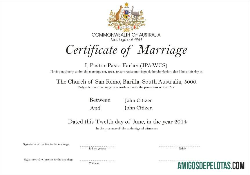 Certidão de Casamento da Igreja de San Remo na Austrália modelo